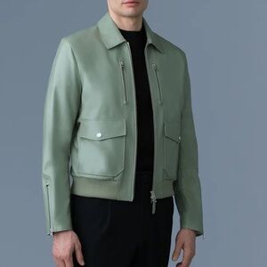 Mackage Light Green Spread Collar Leather Jacket in Size 42